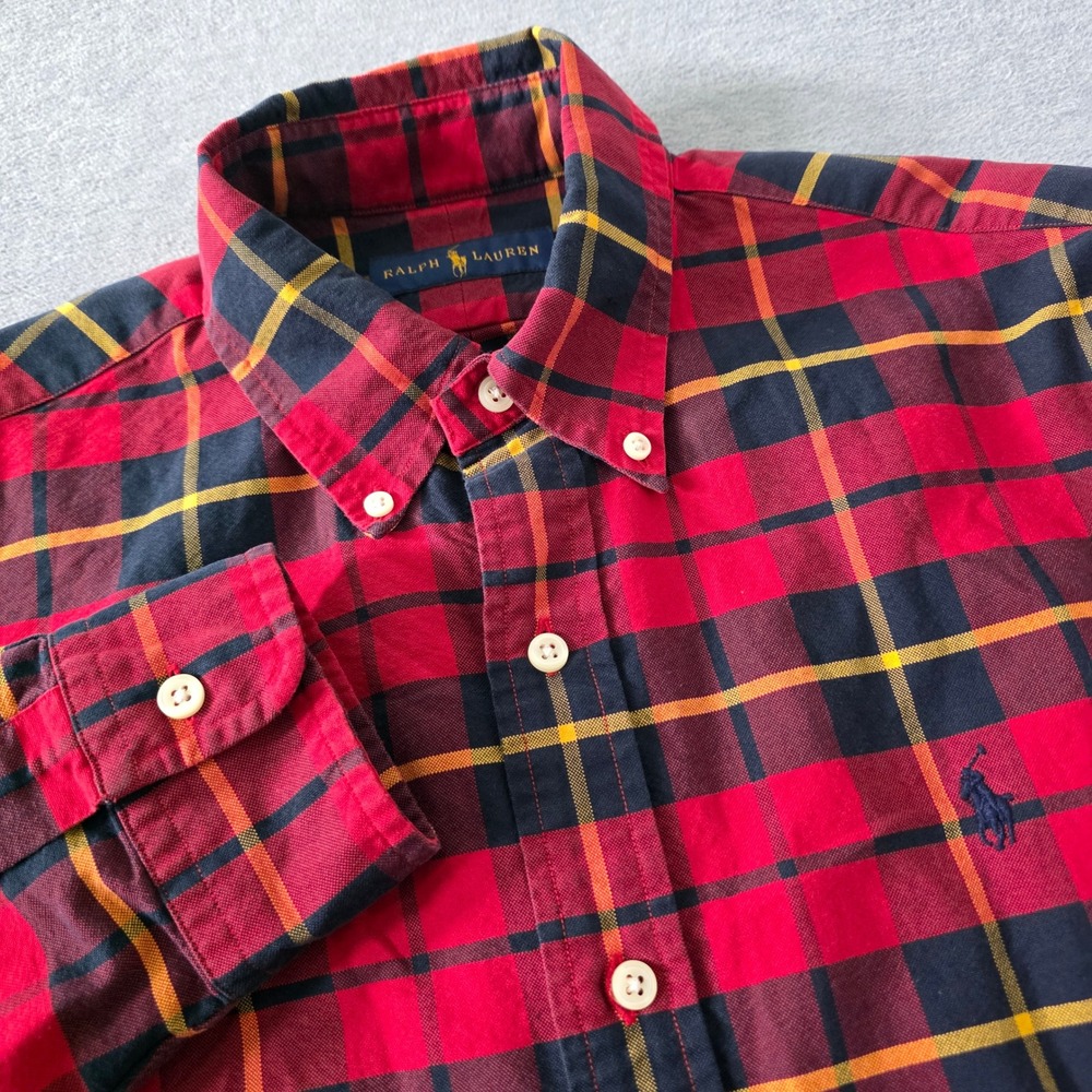 Polo Ralph Lauren Men Red Plaid Cotton Button Down Shirt Size Medium Long Sleeve